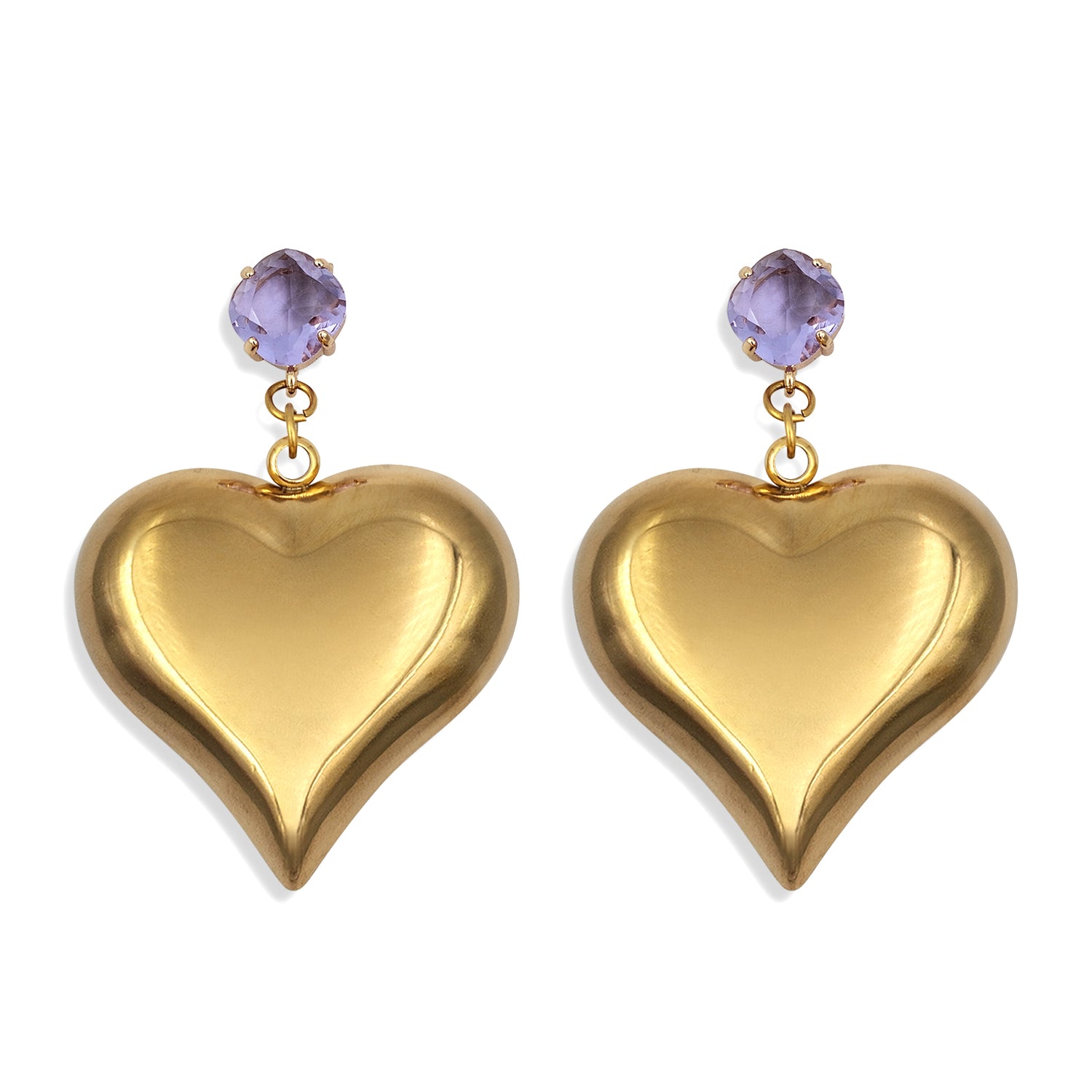 Pendientes de corazón dorado con piedra natural amatista de Marardi