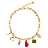 Collar dorado con amuletos, cornicello rojo, herradura, corazon ardiente rojo, trebol, amatista y medalla Milagrosa Marardi.