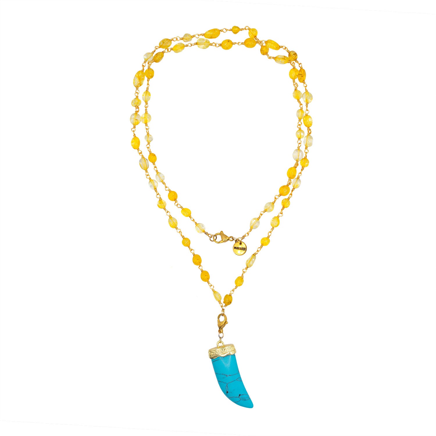 Collar largo 80 centímetros con cadena dorada y piedras de cuarzo citrino amarillo y charm cuerno turquesa de Sicilia Marardi