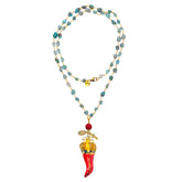 Collar largo 80 centímetros con cadena dorada y piedras naturales azul y charm cornicello rojo y perlas naturales Sicilia Marardi