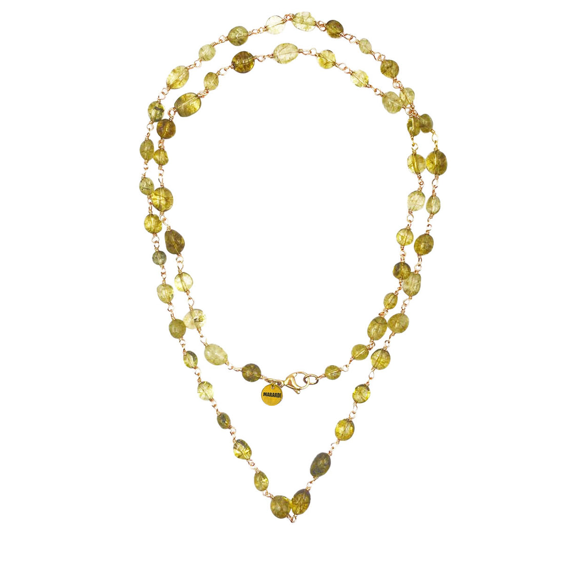 Collar compuesto de cadena larga dorada hecha de pequeñas piedras de olivina verde de Marardi