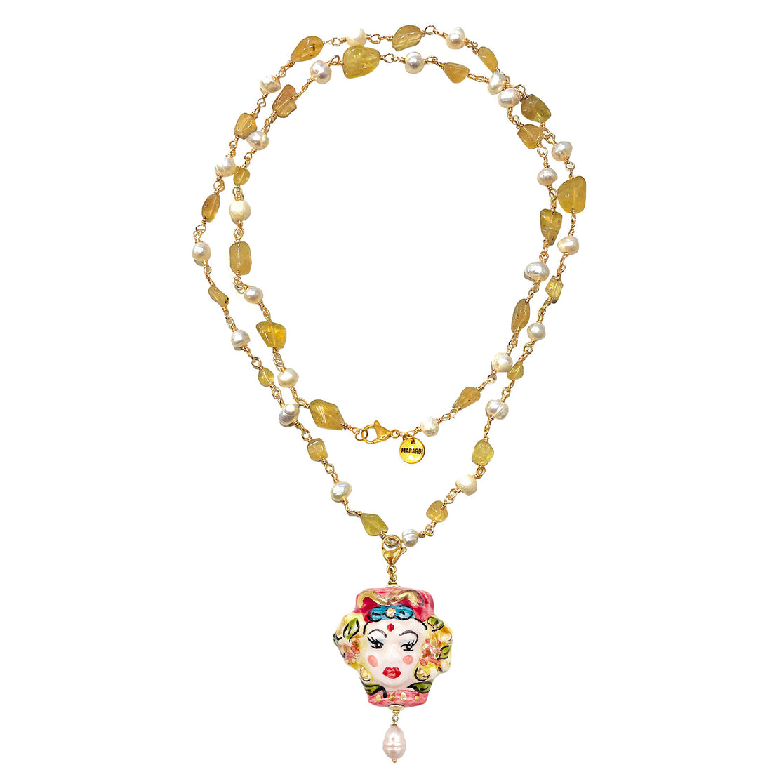 Collar largo de 80 centímetros con cadena dorada piedras de cuarzo citrino y perlas y con charm testa y perla natural Marardi