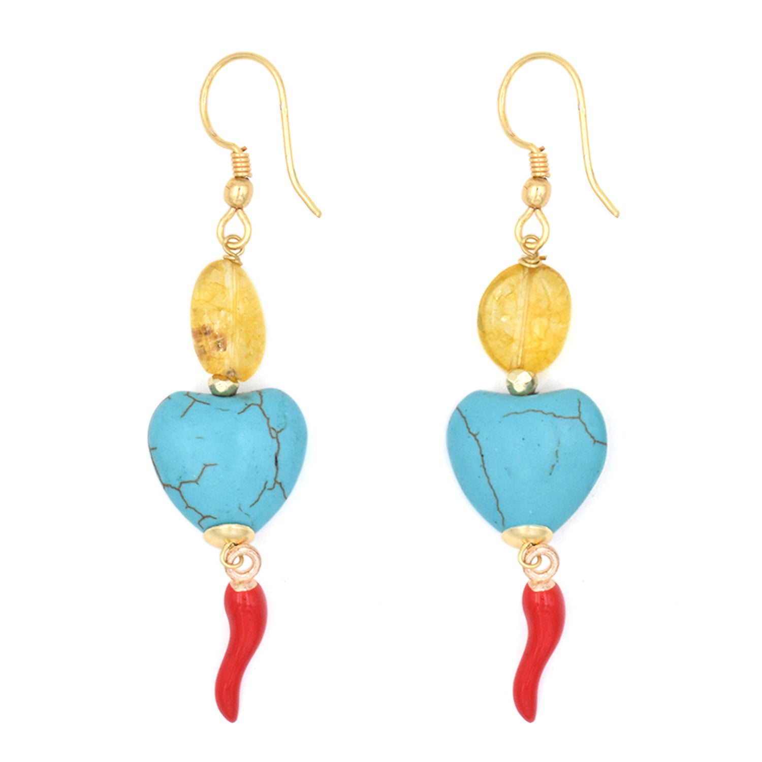 Pendientes largos de cerámica siciliana con un corazón turquesa, una  piedra natural amarilla y un cornicello rojo de Marardi