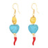 Pendientes largos de cerámica siciliana con un corazón turquesa, una  piedra natural amarilla y un cornicello rojo de Marardi