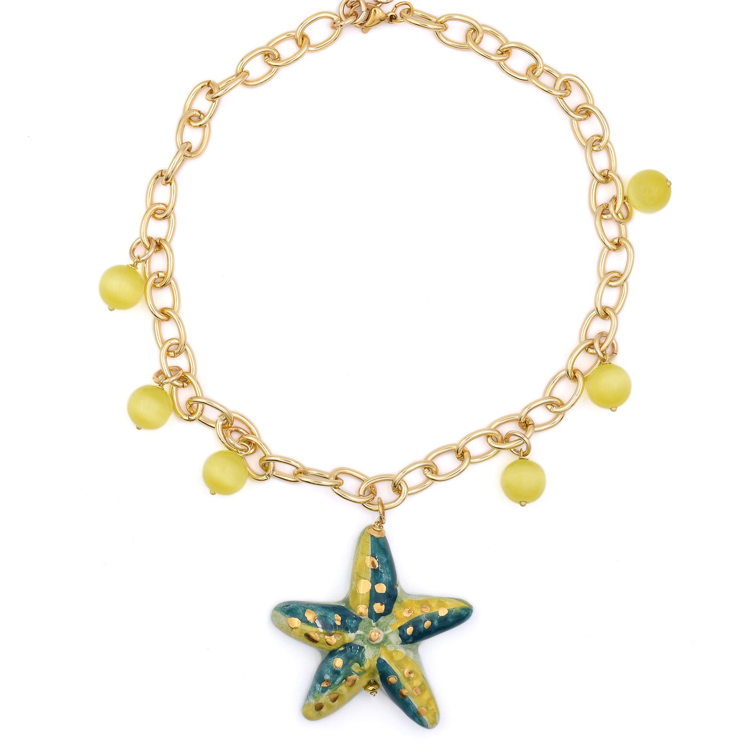 Collar corto dorado de acero inoxidable con estrella de mar de cerámica siciliana pintada a mano y cuentas azules de Marardi.