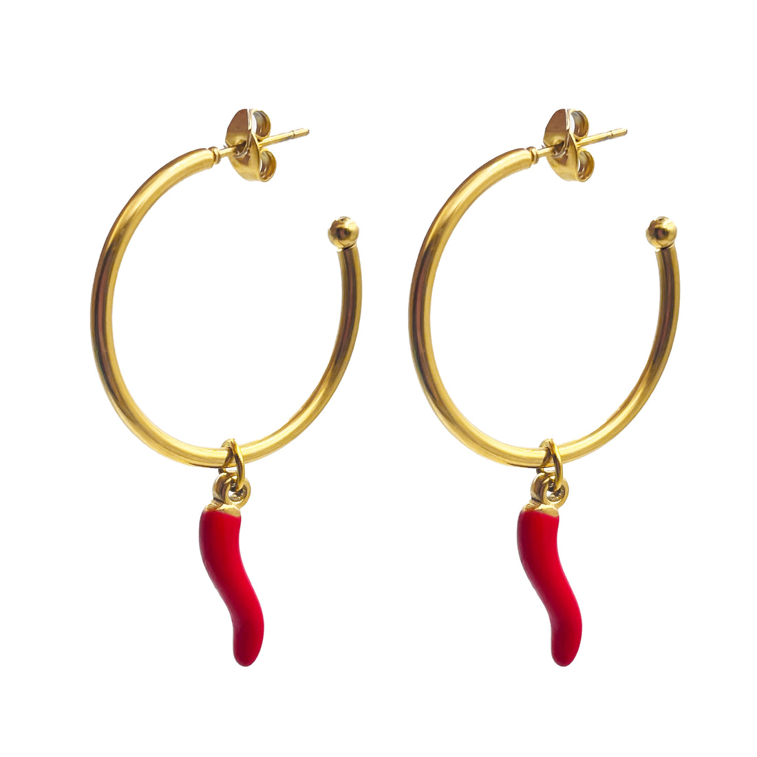 Aros de acero inoxidable con cornicello rojo, símbolo italiano de protección y buena fortuna.