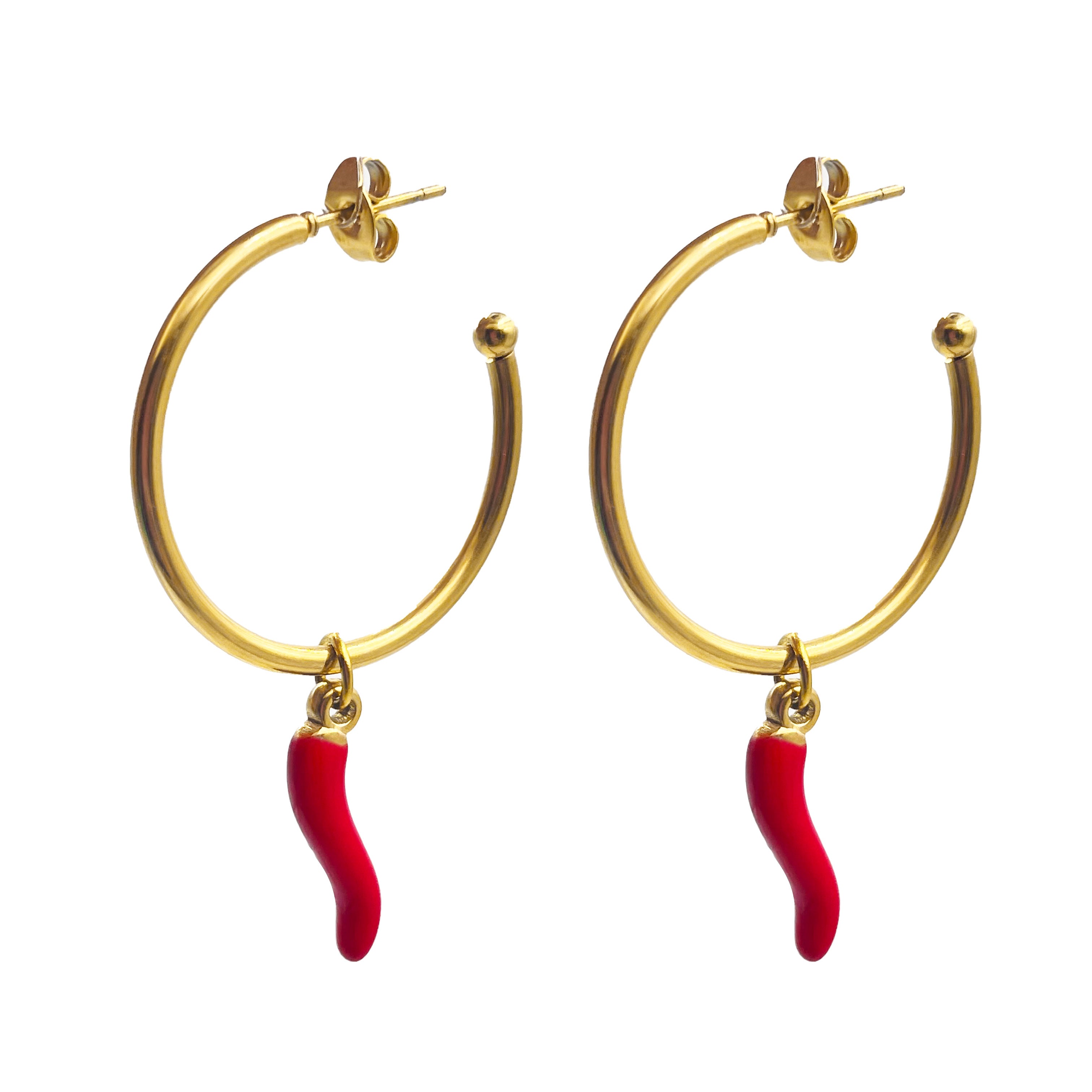 Aros de acero inoxidable con cornicello rojo, símbolo italiano de protección y buena fortuna.