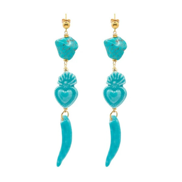 Pendientes de acero inoxidable hechos con cerámica siciliana corazon ardiente y piedra natural howlita turquesa de Marardi
