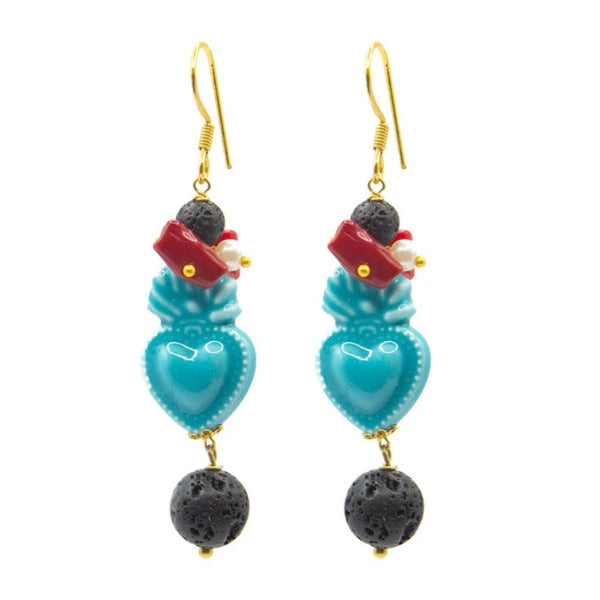 Pendientes Largos de Cerámica Siciliana corazón ardiente turquesay Piedra Volcánica de Marardi