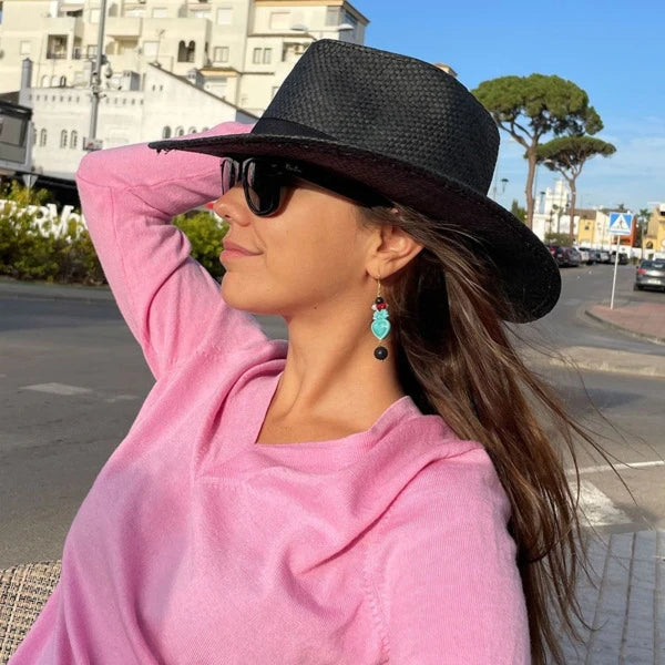 Pendientes largos de Cerámica Siciliana corazón ardiente turquesa  y Piedra natural Volcánica negra de Marardi