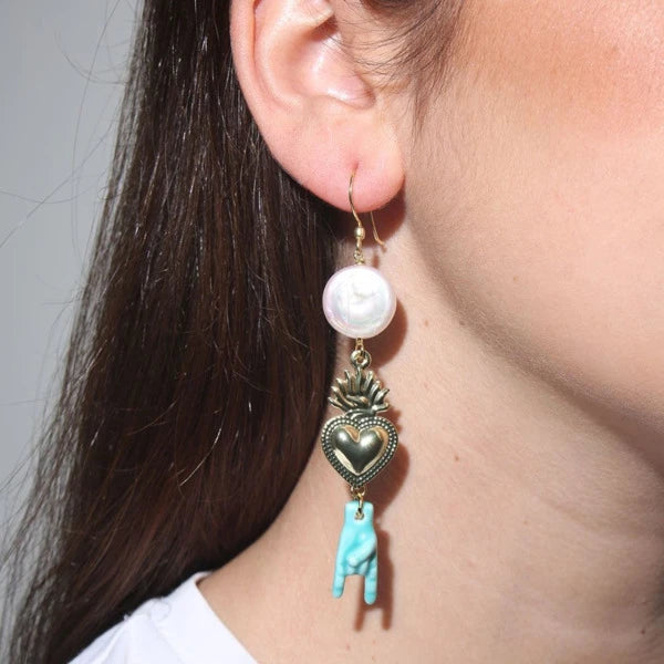 PAZZO - Long Brass Earrings with Natural Stone and Pearl