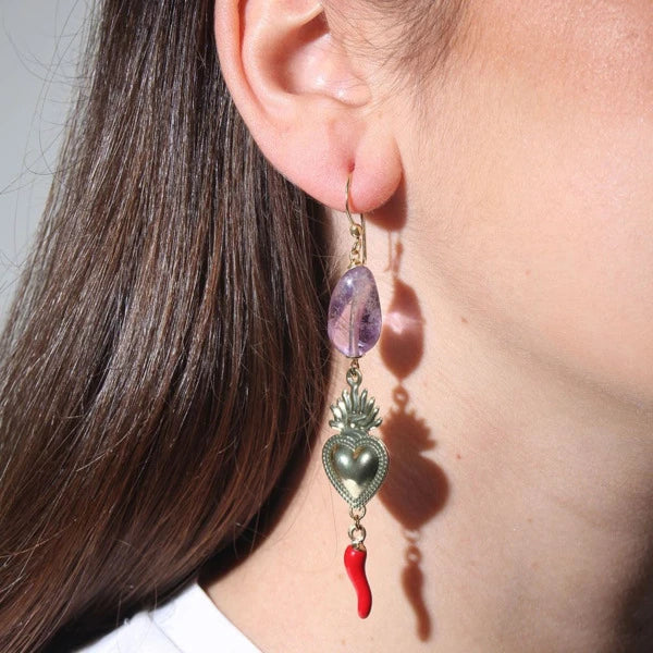 PAZZO - Long Brass Earrings with Natural Stone and Pearl