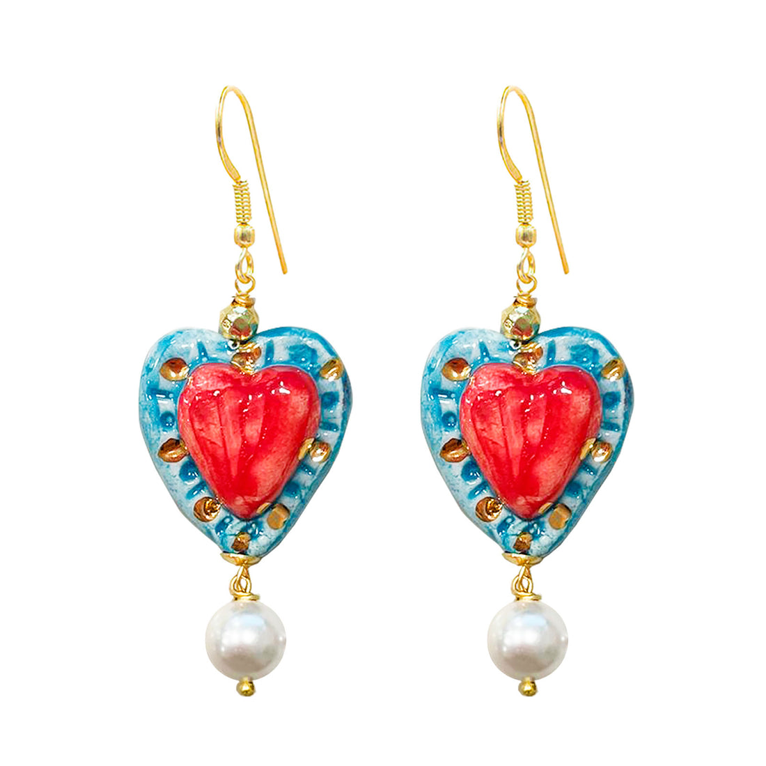 Pendientes de cerámica siciliana, es un corazón ardiente rojo y azul adornado con una perla y su gancho es dorado de Marardi
