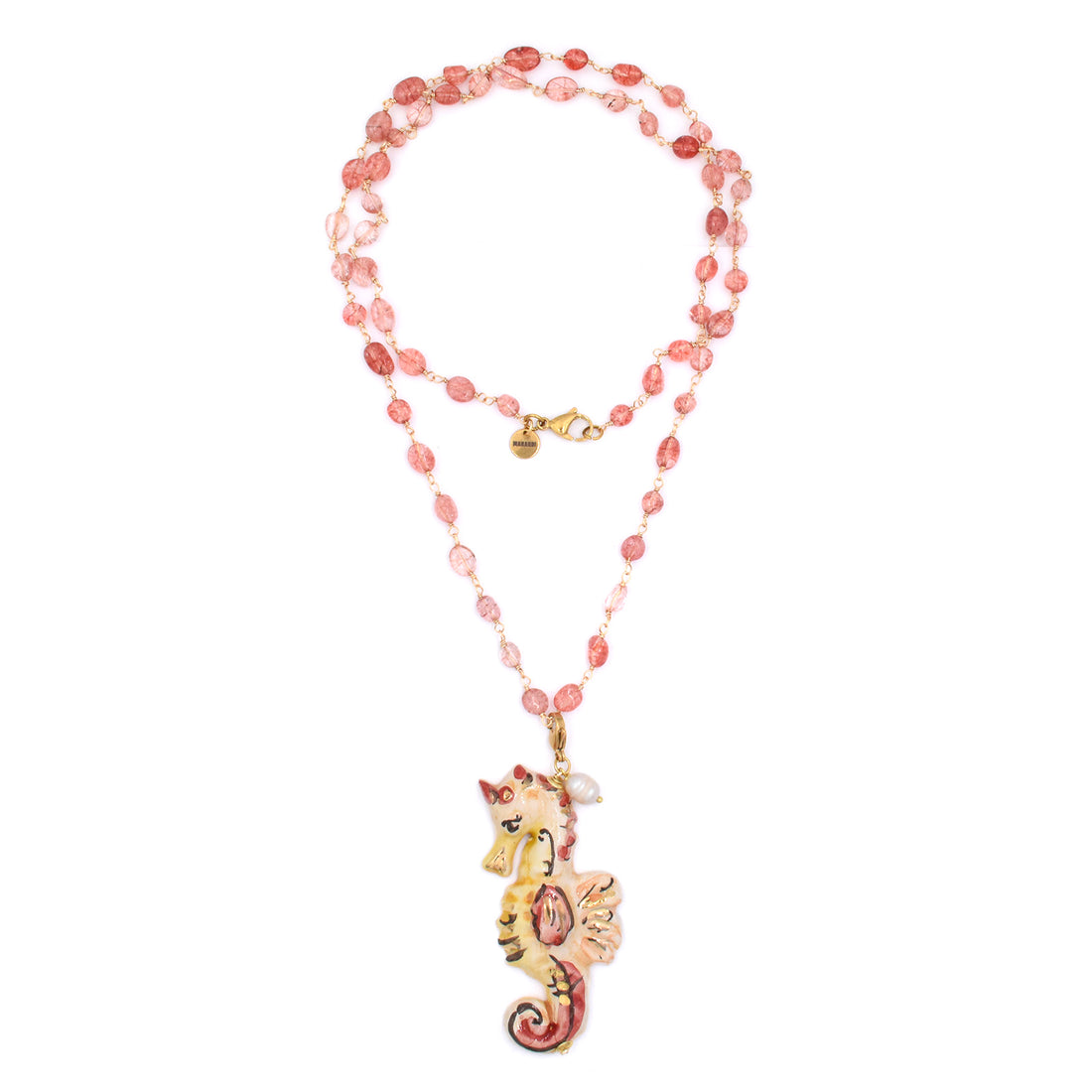 Collar largo 80 centímetros con cadena de piedras naturales rosa y charm caballito de mar y una perla natural Sicilia Marardi