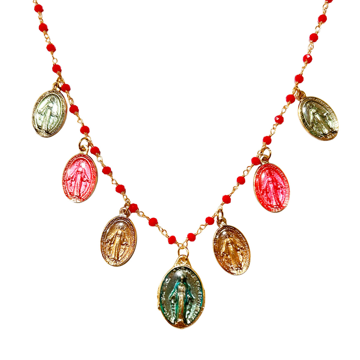 Collar Miracolosa de cristal con medallas religiosas de latón