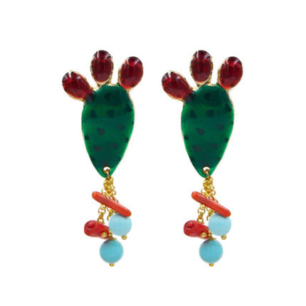 CACTUS SONSO - Long Enameled Earrings with Coral and Pearls