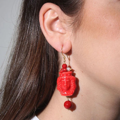 TESTA ROSSO - Long earrings made of Sicilian ceramics