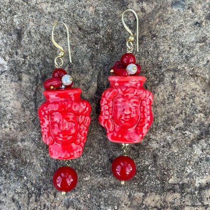 TESTA ROSSO - Long earrings made of Sicilian ceramics